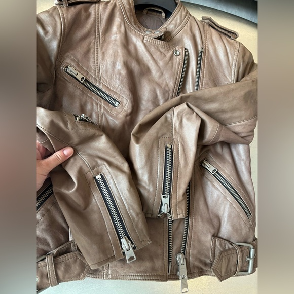 AllSaints Lamb Leather Biker Jacket Natural Pointed Collar Padded Inside US 10 - Picture 12 of 16